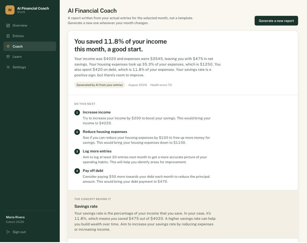 Informe del coach de IA: lectura del mes con cifras reales, acciones concretas y un concepto financiero explicado.